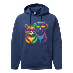 Rainbow Cute Dog & Cat Wearing Glasses Heart Puppy & Kitten Performance Fleece Hoodie