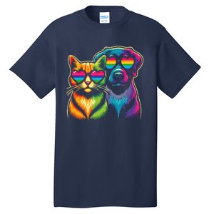 Rainbow Cute Dog & Cat Wearing Glasses Heart Puppy & Kitten Tall T-Shirt