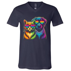 Rainbow Cute Dog & Cat Wearing Glasses Heart Puppy & Kitten V-Neck T-Shirt