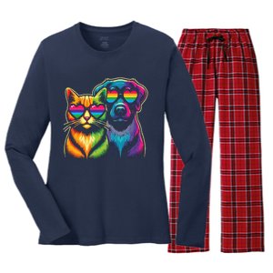 Rainbow Cute Dog & Cat Wearing Glasses Heart Puppy & Kitten Women's Long Sleeve Flannel Pajama Set 