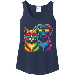 Rainbow Cute Dog & Cat Wearing Glasses Heart Puppy & Kitten Ladies Essential Tank