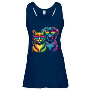 Rainbow Cute Dog & Cat Wearing Glasses Heart Puppy & Kitten Ladies Essential Flowy Tank