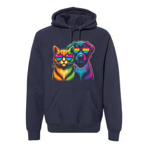 Rainbow Cute Dog & Cat Wearing Glasses Heart Puppy & Kitten Premium Hoodie