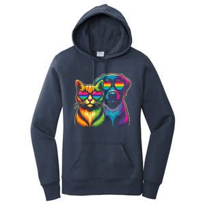 Rainbow Cute Dog & Cat Wearing Glasses Heart Puppy & Kitten Women's Pullover Hoodie