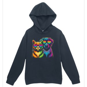 Rainbow Cute Dog & Cat Wearing Glasses Heart Puppy & Kitten Urban Pullover Hoodie