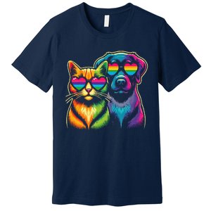 Rainbow Cute Dog & Cat Wearing Glasses Heart Puppy & Kitten Premium T-Shirt