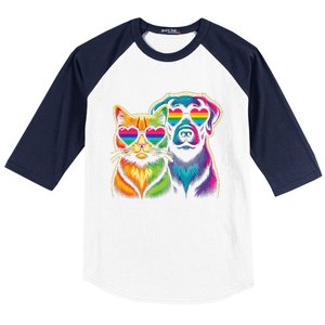 Rainbow Cute Dog & Cat Wearing Glasses Heart Puppy & Kitten Baseball Sleeve Shirt