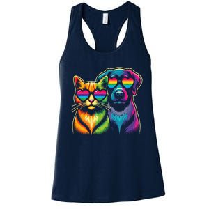 Rainbow Cute Dog & Cat Wearing Glasses Heart Puppy & Kitten Women's Racerback Tank