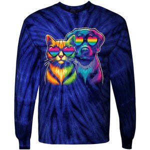 Rainbow Cute Dog & Cat Wearing Glasses Heart Puppy & Kitten Tie-Dye Long Sleeve Shirt