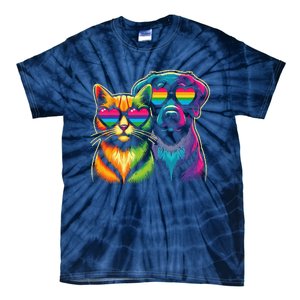 Rainbow Cute Dog & Cat Wearing Glasses Heart Puppy & Kitten Tie-Dye T-Shirt