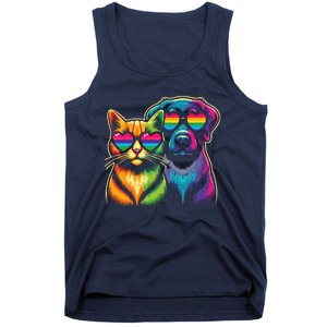 Rainbow Cute Dog & Cat Wearing Glasses Heart Puppy & Kitten Tank Top