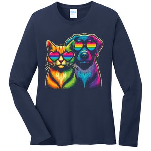 Rainbow Cute Dog & Cat Wearing Glasses Heart Puppy & Kitten Ladies Long Sleeve Shirt