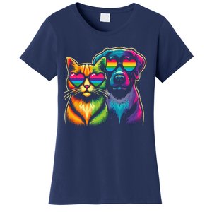 Rainbow Cute Dog & Cat Wearing Glasses Heart Puppy & Kitten Women's T-Shirt