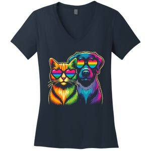 Rainbow Cute Dog & Cat Wearing Glasses Heart Puppy & Kitten Women's V-Neck T-Shirt