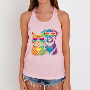 Rainbow Cute Dog & Cat Wearing Glasses Heart Puppy & Kitten Women's Knotted Racerback Tank