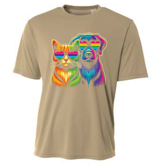 Rainbow Cute Dog & Cat Wearing Glasses Heart Puppy & Kitten Cooling Performance Crew T-Shirt