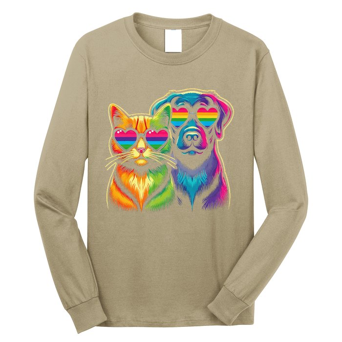 Rainbow Cute Dog & Cat Wearing Glasses Heart Puppy & Kitten Long Sleeve Shirt