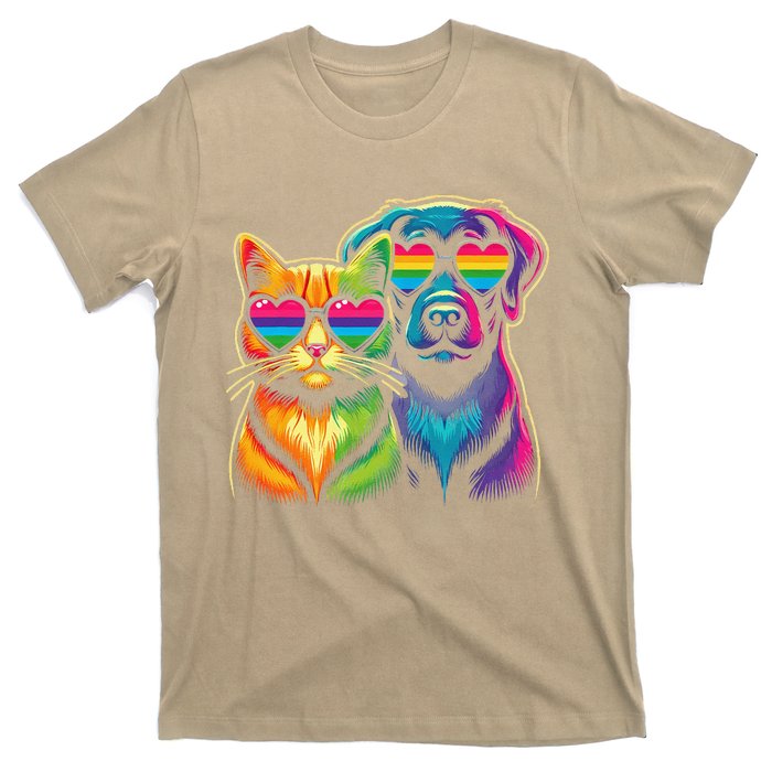 Rainbow Cute Dog & Cat Wearing Glasses Heart Puppy & Kitten T-Shirt