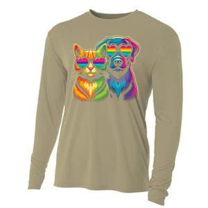 Rainbow Cute Dog & Cat Wearing Glasses Heart Puppy & Kitten Cooling Performance Long Sleeve Crew