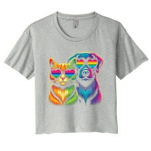 Rainbow Cute Dog & Cat Wearing Glasses Heart Puppy & Kitten Women's Crop Top Tee