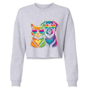 Rainbow Cute Dog & Cat Wearing Glasses Heart Puppy & Kitten Cropped Pullover Crew