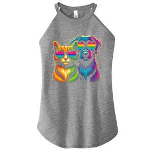 Rainbow Cute Dog & Cat Wearing Glasses Heart Puppy & Kitten Women's Perfect Tri Rocker Tank