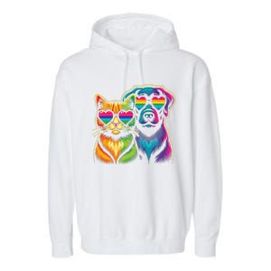 Rainbow Cute Dog & Cat Wearing Glasses Heart Puppy & Kitten Garment-Dyed Fleece Hoodie