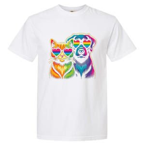 Rainbow Cute Dog & Cat Wearing Glasses Heart Puppy & Kitten Garment-Dyed Heavyweight T-Shirt