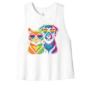 Rainbow Cute Dog & Cat Wearing Glasses Heart Puppy & Kitten Women's Racerback Cropped Tank