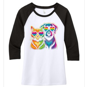 Rainbow Cute Dog & Cat Wearing Glasses Heart Puppy & Kitten Women's Tri-Blend 3/4-Sleeve Raglan Shirt