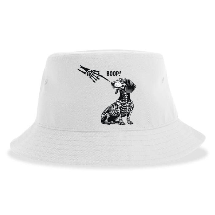 Retro Cute Dachshund Skeleton Hand Boop Dog Funny Halloween Sustainable Bucket Hat