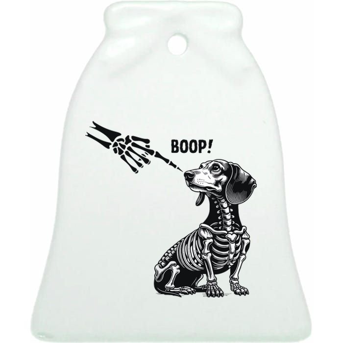 Retro Cute Dachshund Skeleton Hand Boop Dog Funny Halloween Ceramic Bell Ornament