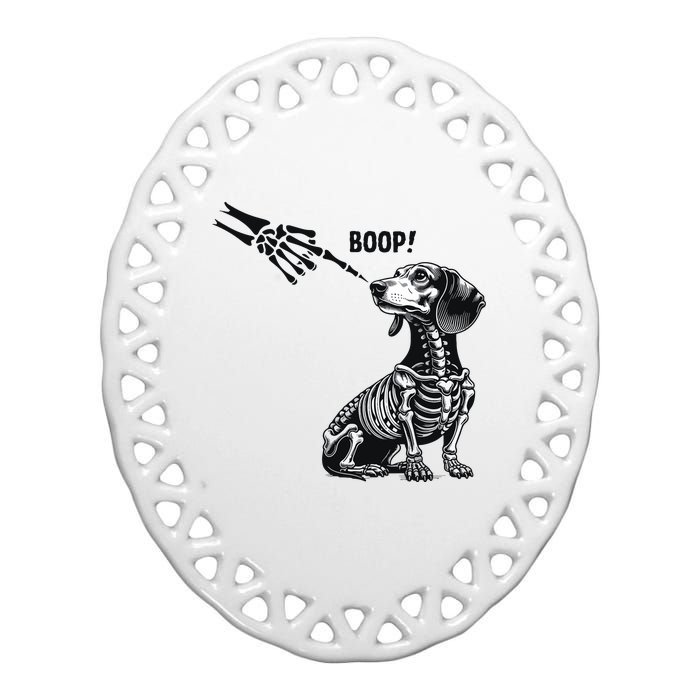 Retro Cute Dachshund Skeleton Hand Boop Dog Funny Halloween Ceramic Oval Ornament