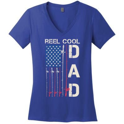 Reel Cool Dad Rod American Usa Flag Bass Fishing Fisher Great Gift Women's V-Neck T-Shirt