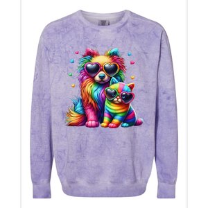 Rainbow Cute Dog & Cat Wearing Glasses Heart Puppy & Kitten Colorblast Crewneck Sweatshirt