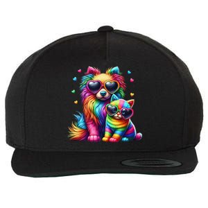 Rainbow Cute Dog & Cat Wearing Glasses Heart Puppy & Kitten Wool Snapback Cap