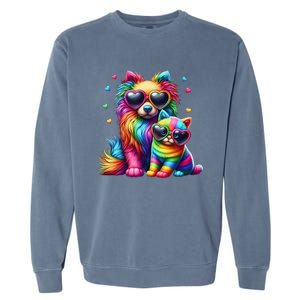 Rainbow Cute Dog & Cat Wearing Glasses Heart Puppy & Kitten Garment-Dyed Sweatshirt