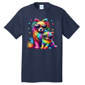 Rainbow Cute Dog & Cat Wearing Glasses Heart Puppy & Kitten Tall T-Shirt