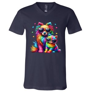 Rainbow Cute Dog & Cat Wearing Glasses Heart Puppy & Kitten V-Neck T-Shirt