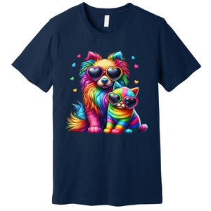 Rainbow Cute Dog & Cat Wearing Glasses Heart Puppy & Kitten Premium T-Shirt