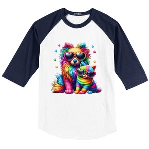 Rainbow Cute Dog & Cat Wearing Glasses Heart Puppy & Kitten Baseball Sleeve Shirt