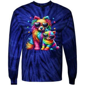 Rainbow Cute Dog & Cat Wearing Glasses Heart Puppy & Kitten Tie-Dye Long Sleeve Shirt