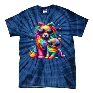 Rainbow Cute Dog & Cat Wearing Glasses Heart Puppy & Kitten Tie-Dye T-Shirt