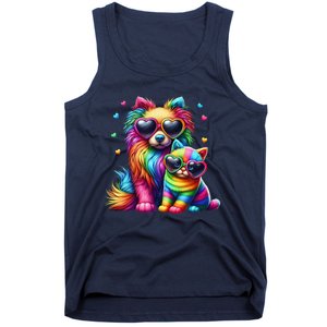 Rainbow Cute Dog & Cat Wearing Glasses Heart Puppy & Kitten Tank Top