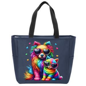 Rainbow Cute Dog & Cat Wearing Glasses Heart Puppy & Kitten Zip Tote Bag