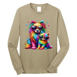 Rainbow Cute Dog & Cat Wearing Glasses Heart Puppy & Kitten Long Sleeve Shirt