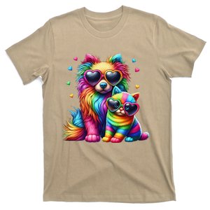 Rainbow Cute Dog & Cat Wearing Glasses Heart Puppy & Kitten T-Shirt