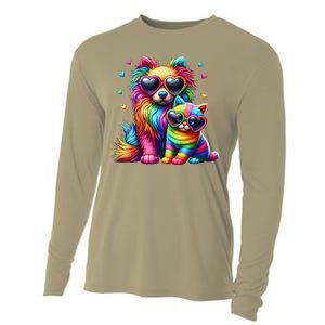 Rainbow Cute Dog & Cat Wearing Glasses Heart Puppy & Kitten Cooling Performance Long Sleeve Crew