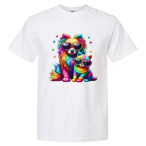 Rainbow Cute Dog & Cat Wearing Glasses Heart Puppy & Kitten Garment-Dyed Heavyweight T-Shirt