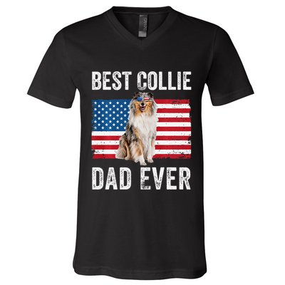 Rough Collie Dad American Flag Collie Dog Lover Owner Funny V-Neck T-Shirt